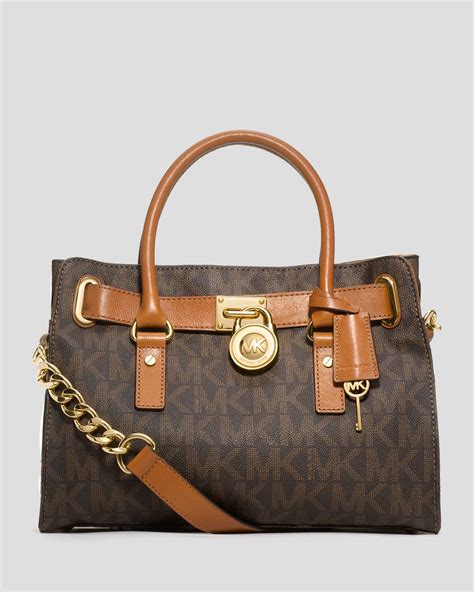 michael kors hamilton brown logo satchel|Michael Kors Hamilton studded bag.